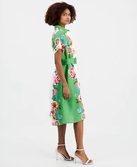 T Tahari Women's Printed Belted Button-Front Midi Dress