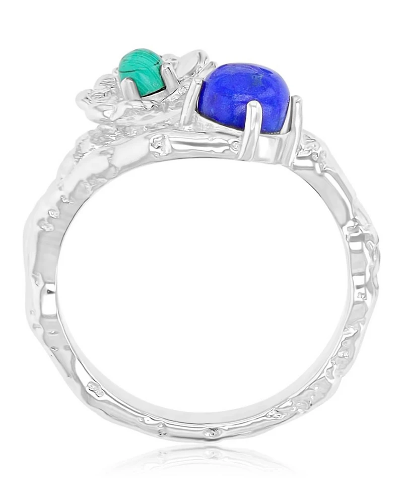 Macy's Malachite (0.14 ct. t.w.) and Lapis (5 mm) Flower Ring Rhodium Over Sterling Silver