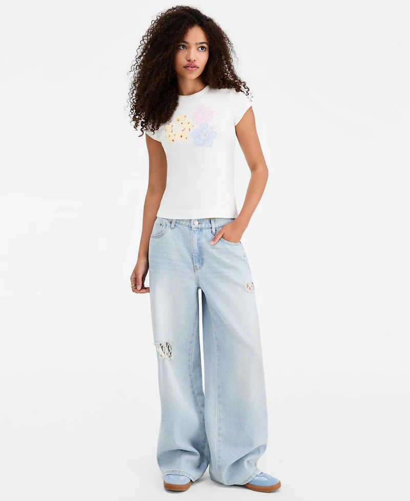 Just Polly Juniors' Hibiscus Patchwork Short-Sleeve T-Shirt