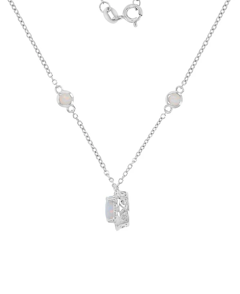 Macy's White Sapphire (0.108 ct. t.w.) & Opal (7mm) Necklace in Rhodium Over Sterling Silver