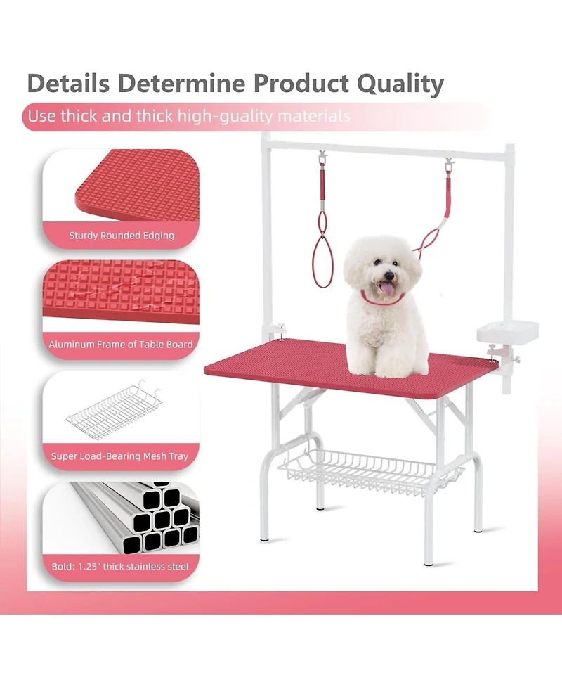 Aostirmotor 36" Large Dog Grooming Table, Foldable Adjustable Pet Station with Arms, Nooses & Mesh Drying Tray, Pink