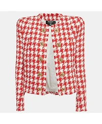 Pre-Owned Balmain Women's Red /white Houndstooth Tweed Open Front Jacket