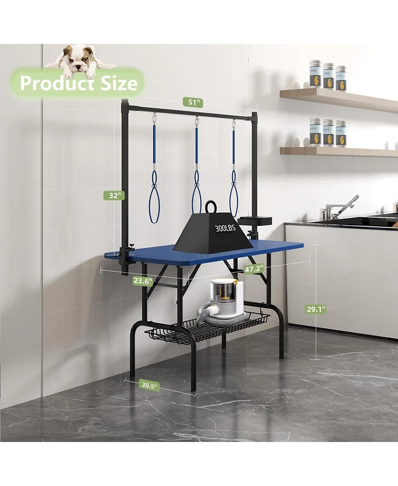 Aostirmotor 47" Large Dog Grooming Table: Foldable Adjustable Height Pet Station with Arms, Nooses & Mesh Tray, Blue