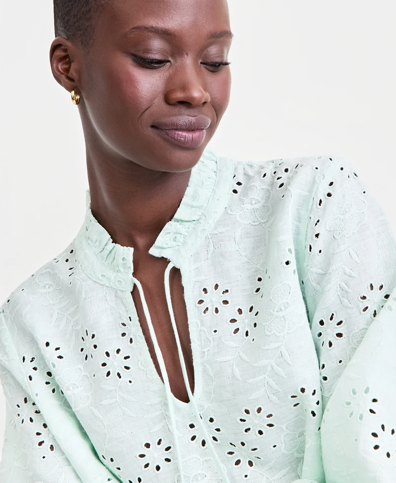 Charter Club Women's 100% Linen Eyelet-Embroidered Blouson-Sleeve Top, Macy's Exclusive