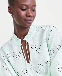 Charter Club Women's 100% Linen Eyelet-Embroidered Blouson-Sleeve Top, Macy's Exclusive