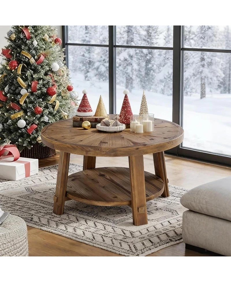 Tribesigns Solid Wood Coffee Table with Storage, 2-Tier Farmhouse Round Coffee Table for Living Room, Easy Assembly