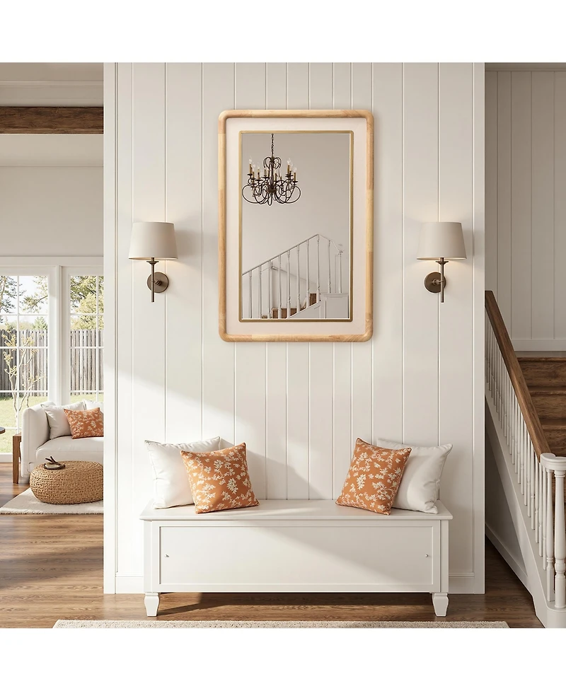 LuxenHome Rounded Rectangle Decorative Wall Mirror, 35" Rubberwood Frame with Pu Leather Accent