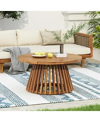Flynama Weather Resistant Wicker Patio Conversation Set with Acacia Wood Coffee Table Water Resistant Thick Dark Teal Cushions for Garden Patio Deck