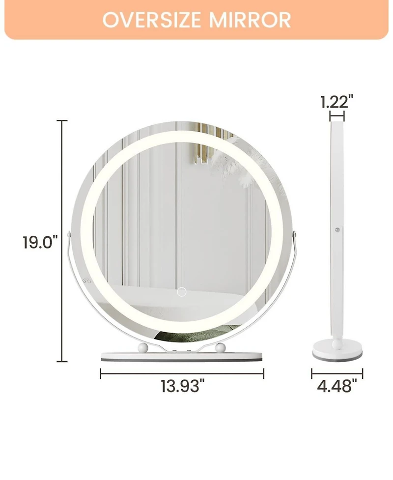 Homfan 19 in Vanity Mirror with Led Lights, Large Round Makeup Mirror with Touch Control and 3 Color Lighting Modes