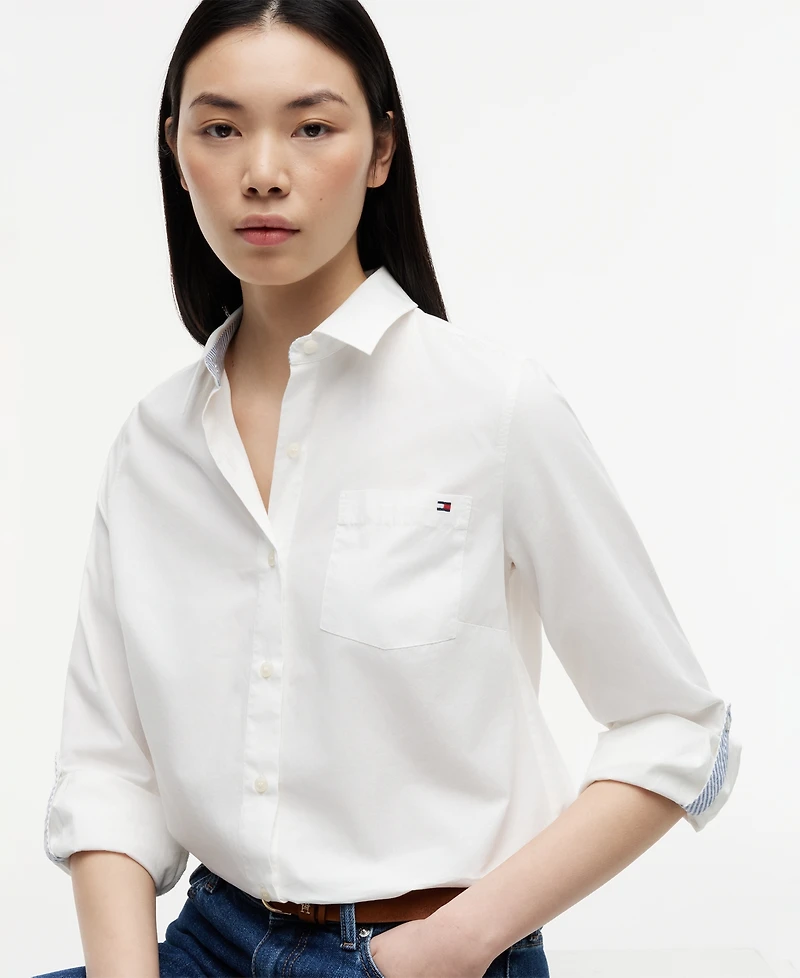 Tommy Hilfiger Women's Classic Poplin Roll-Tab Long-Sleeve Shirt