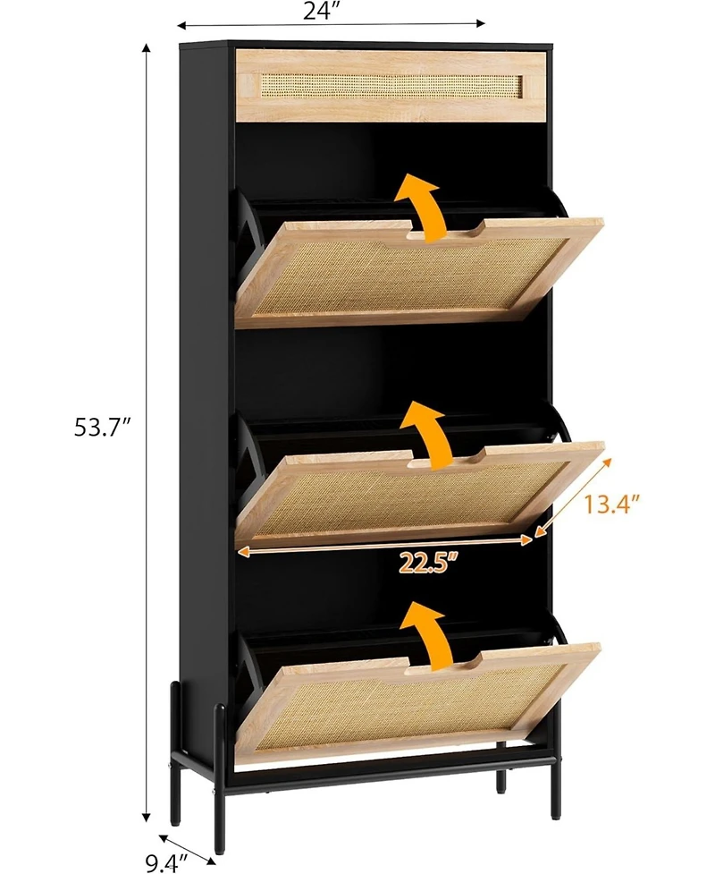 gaomon Rattan Storage Cabinet with 3 Flip Drawers, Freestanding Entryway Shoe Storage, Narrow Metal Legs for Entrance