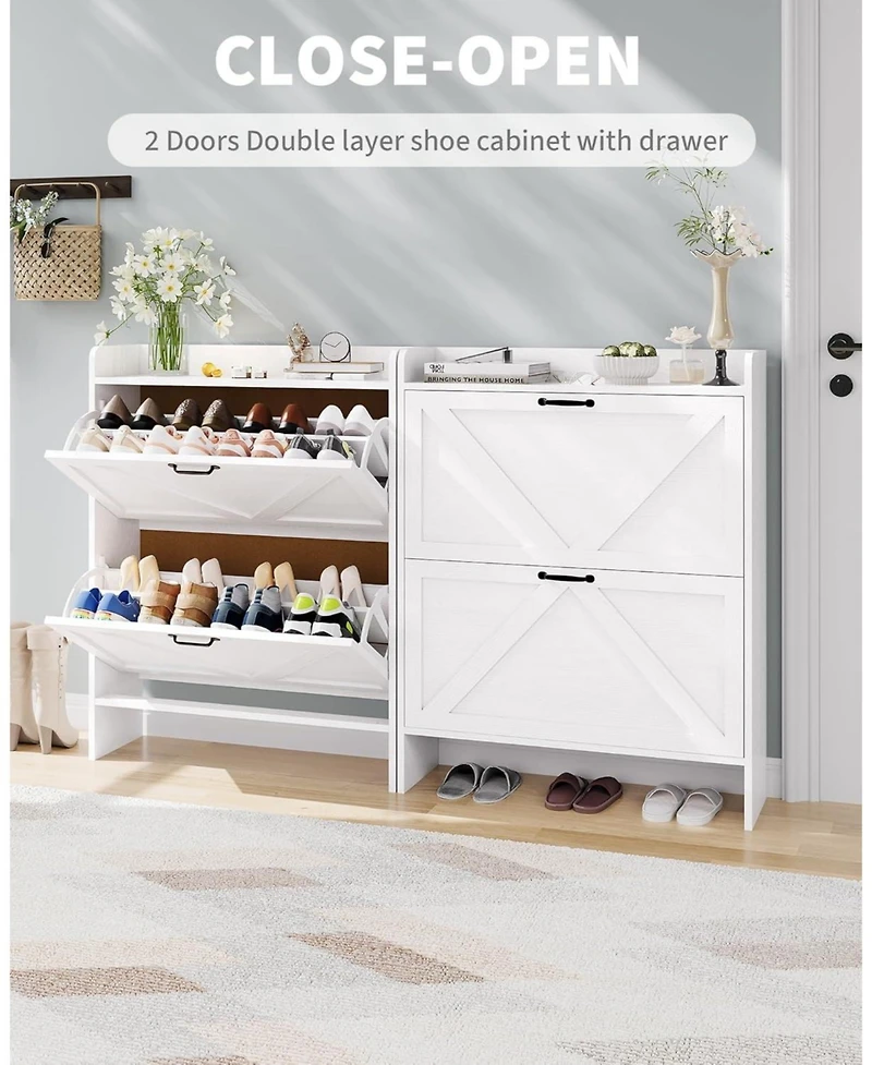 gaomon Shoe Storage Organizer with 2 Flip Drawers, Rustic Brown Farmhouse Shoe Cabinet for Entryway, Foyer, or Hallway