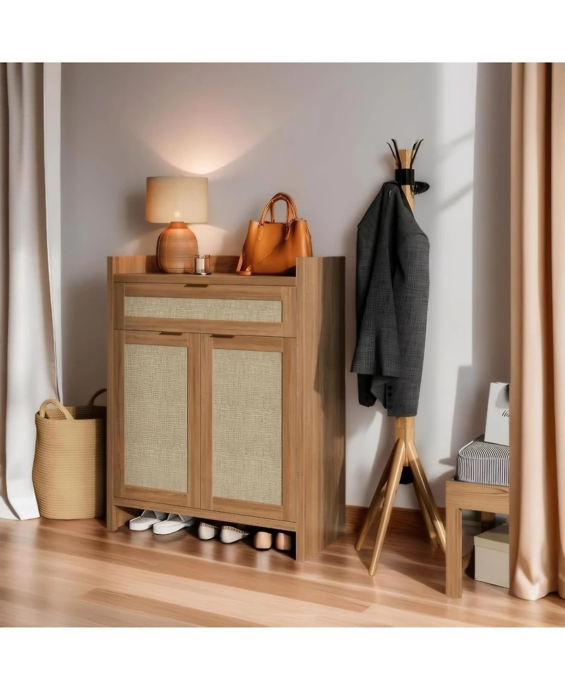 gaomon Modern Rattan Shoe Cabinet with Drawer & Doors, Adjustable Shelf Accent Storage for Entryway