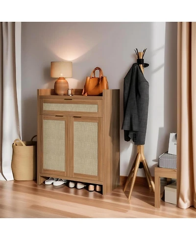 gaomon Modern Rattan Shoe Cabinet with Drawer & Doors, Adjustable Shelf Accent Storage for Entryway