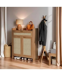gaomon Modern Rattan Shoe Cabinet with Drawer & Doors, Adjustable Shelf Accent Storage for Entryway
