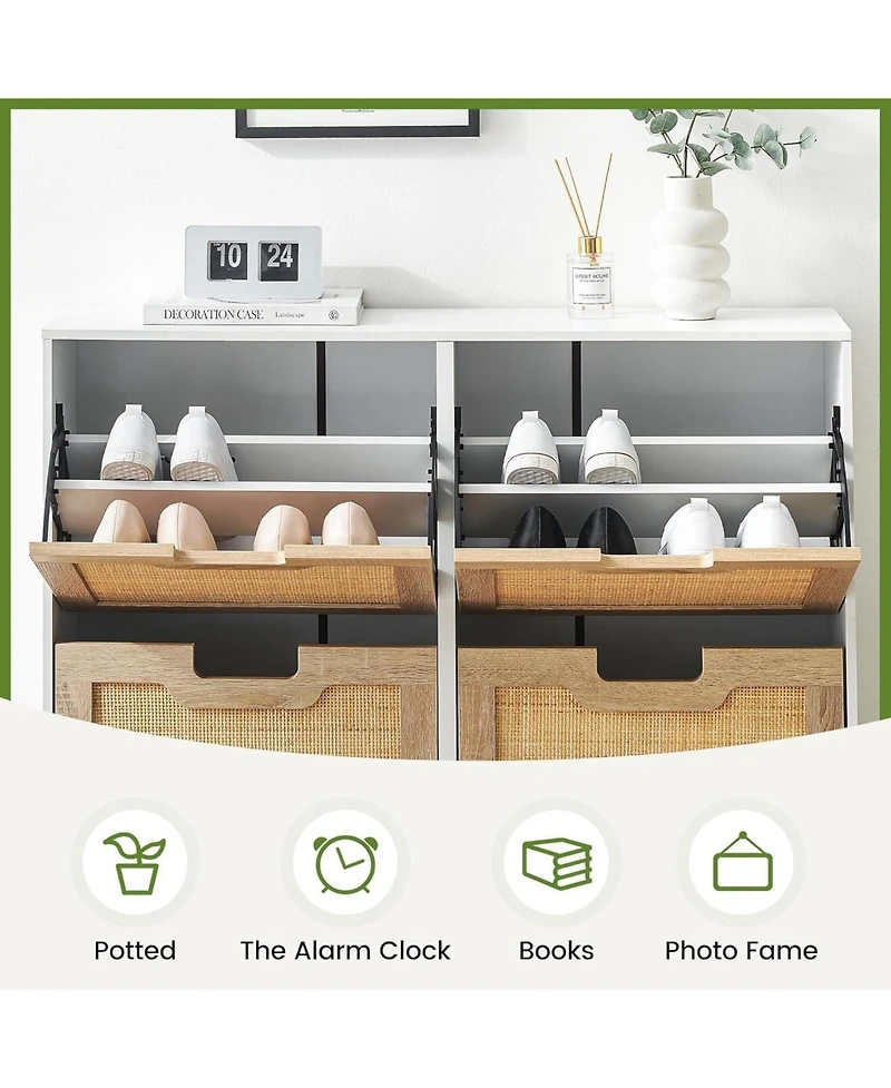 gaomon 4 Door Rattan Shoe Cabinet Organizer, Flip Doors, Adjustable Shelves, Elegant White Border, Wood Drawer, Entryway Storage