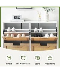 gaomon 4 Door Rattan Shoe Cabinet Organizer, Flip Doors, Adjustable Shelves, Elegant White Border, Wood Drawer, Entryway Storage