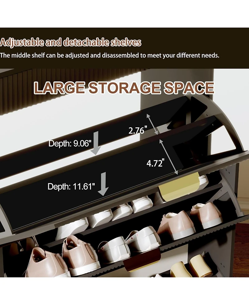 gaomon Fluted Shoe Cabinet with 2 Flip Drawers, Slim Entryway Shoe Organizer with Drawer & Metal Legs, White