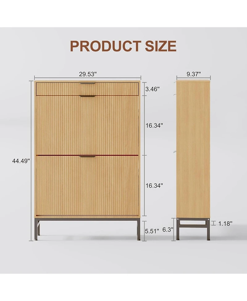Goamon Modern White Fluted Shoe Storage Cabinet with 2 Flip Drawers & Pull-Out Drawer & Hook