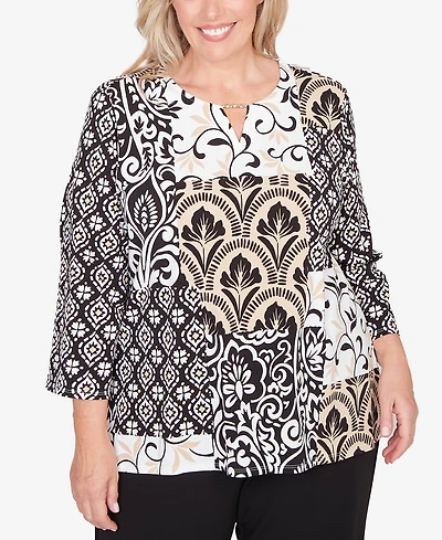 Alfred Dunner Plus Classic Geometric Scroll Patchwork Split Neck Top