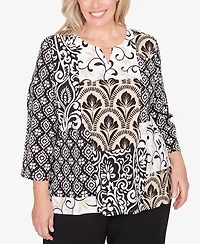 Alfred Dunner Plus Classic Geometric Scroll Patchwork Split Neck Top
