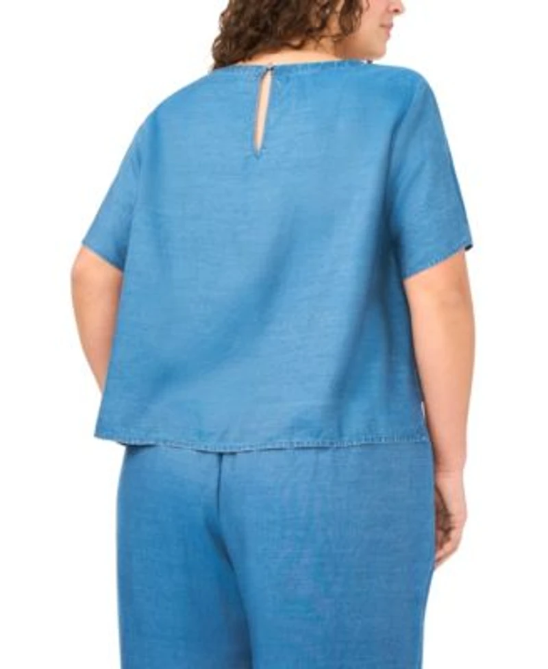 Vince Camuto Chambray Short Slv Crew Neck Blouse Wide Leg Smocked Waist Pant