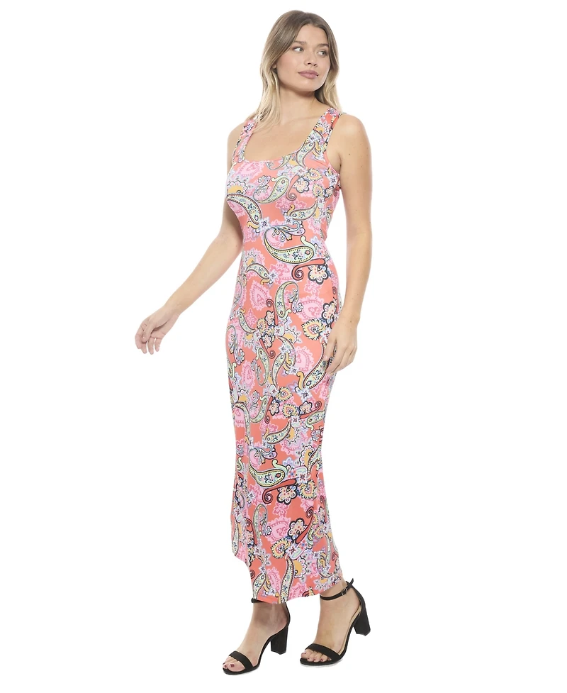 24seven Comfort Apparel Women's Paisley Scoop Neck Sleeveless Racerback Tank Maxi Dress