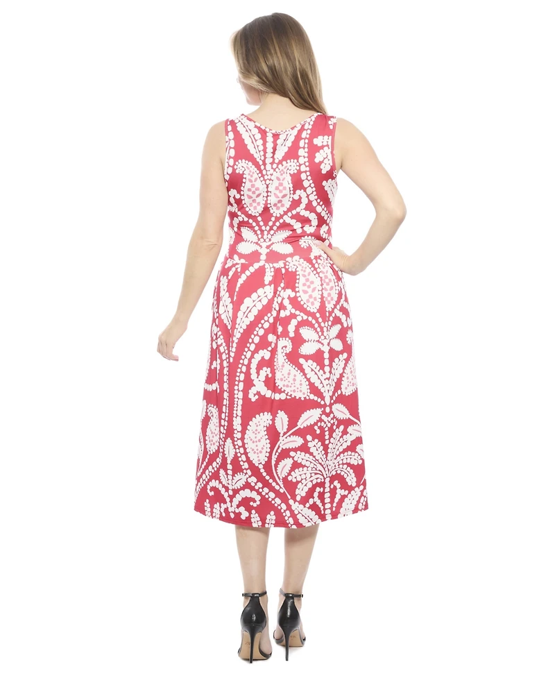 24seven Comfort Apparel Women's Paisley V-Neck Sleeveless Pleated Pocket Midi Fit N Flare Dress