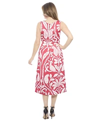 24seven Comfort Apparel Women's Paisley V-Neck Sleeveless Pleated Pocket Midi Fit N Flare Dress