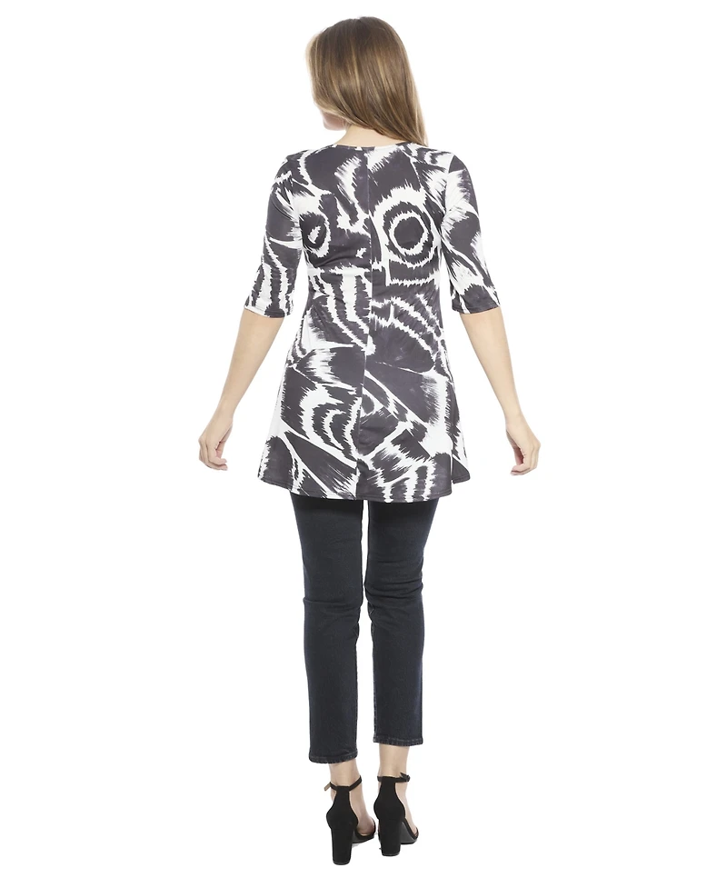 24seven Comfort Apparel Women's Abstract Scoop Neck Elbow Sleeve Tunic Top