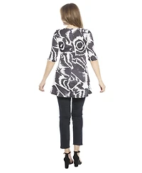 24seven Comfort Apparel Women's Abstract Scoop Neck Elbow Sleeve Tunic Top