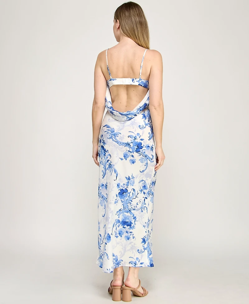Beauty & Grace Women's Square Neck Floral Draped Back Maxi Dress