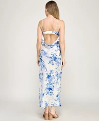 Beauty & Grace Women's Square Neck Floral Draped Back Maxi Dress