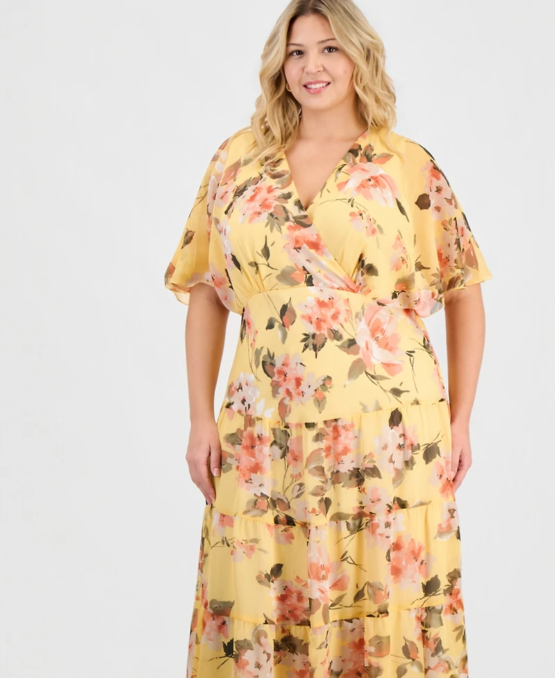 Connected Plus Floral Chiffon Butterfly-Sleeve Dress