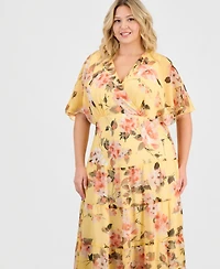 Connected Plus Floral Chiffon Butterfly-Sleeve Dress
