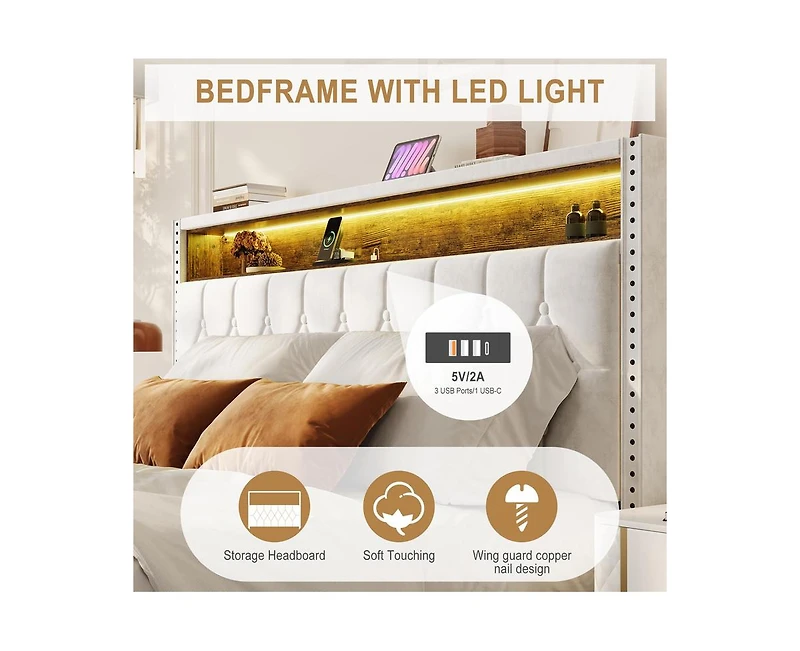 Gaomon Full Velvet Upholstered Bed Frame with Storage Headboard and Built-in Charging Station, Smart Led Lights