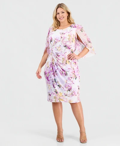 Connected Plus Size Printed Cape-Sleeve Sarong Dress