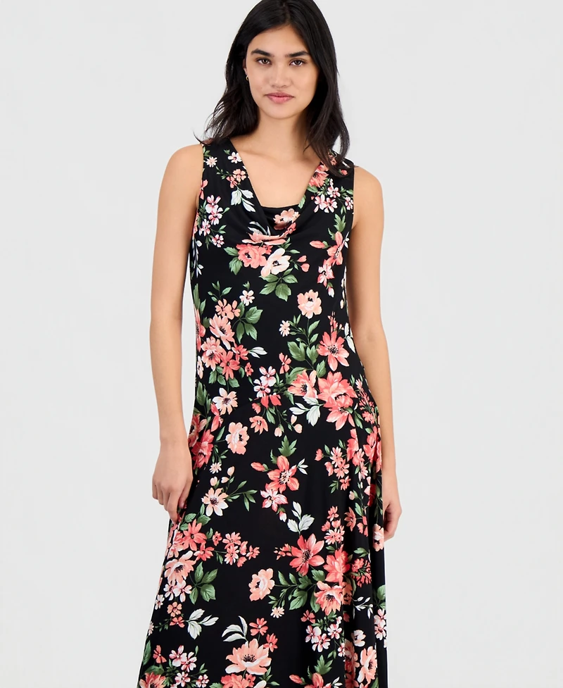 Robbie Bee Petite Floral-Print Draped-Neck Midi Dress