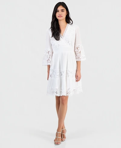 Robbie Bee Petite Lace-Combo 3/4-Sleeve Dress