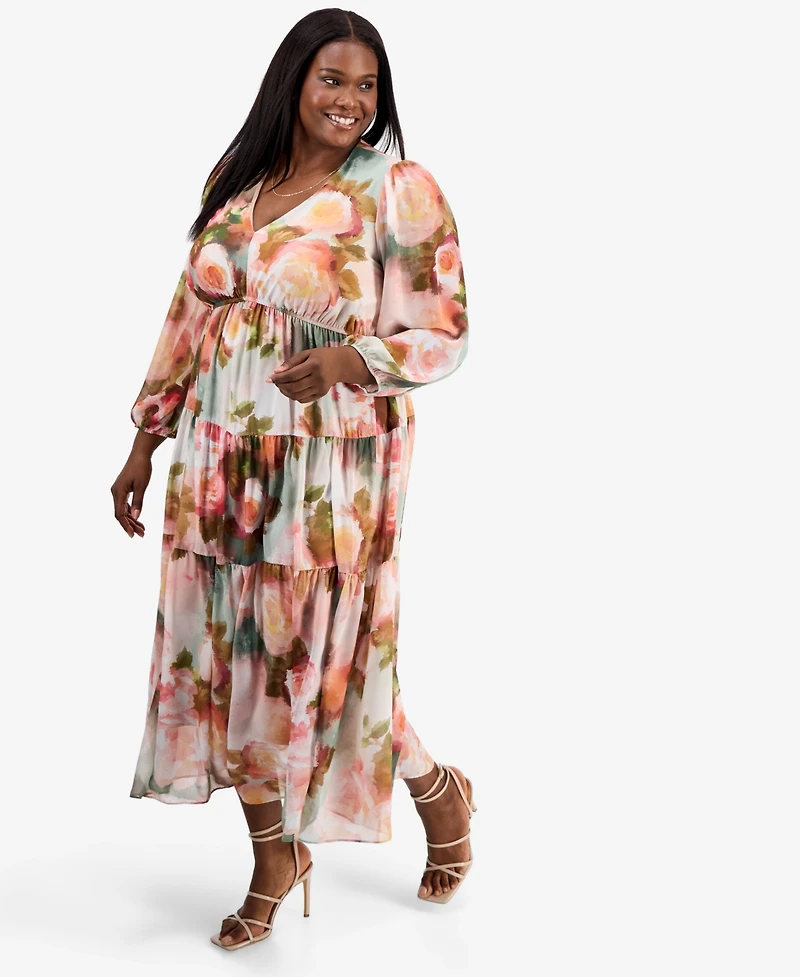 Robbie Bee Plus Printed Balloon-Sleeve Tiered Dress