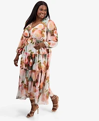 Robbie Bee Plus Printed Balloon-Sleeve Tiered Dress