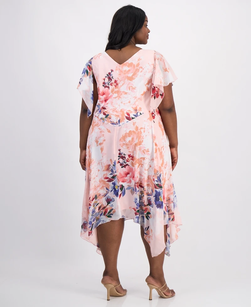 Robbie Bee Plus Flutter-Sleeve Handkerchief-Hem Midi Dress