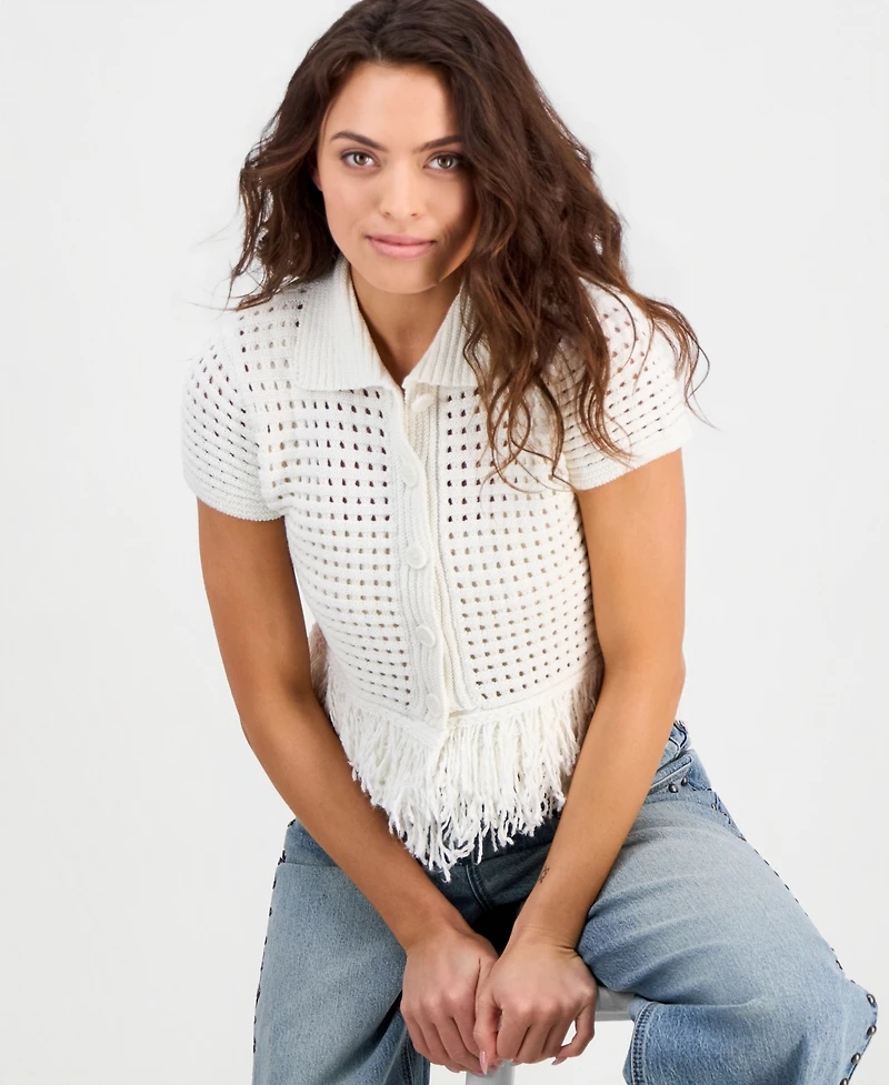 And Now This Petite Short-Sleeve Johnny-Collar Fringe Sweater, Macy's Exclusive