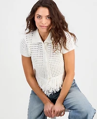 And Now This Petite Short-Sleeve Johnny-Collar Fringe Sweater, Macy's Exclusive