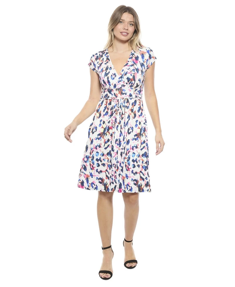 24seven Comfort Apparel Women's Abstract V-Neck Cap Sleeve Knee Length A-Line Pocket Dress