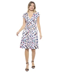 24seven Comfort Apparel Women's Abstract V-Neck Cap Sleeve Knee Length A-Line Pocket Dress