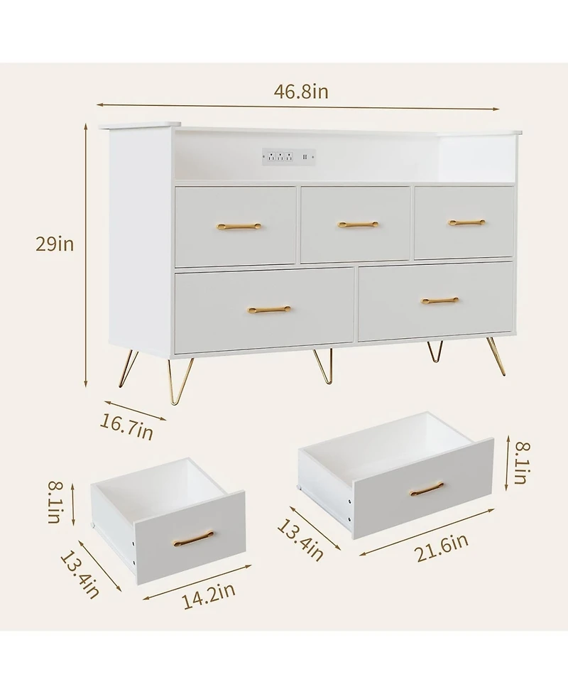 gaomon 5 Drawer Dresser for Bedroom, 47 Modern Wooden with Led Lights Charging Station, Wide Chest of Drawers Storage Organizer Nursery