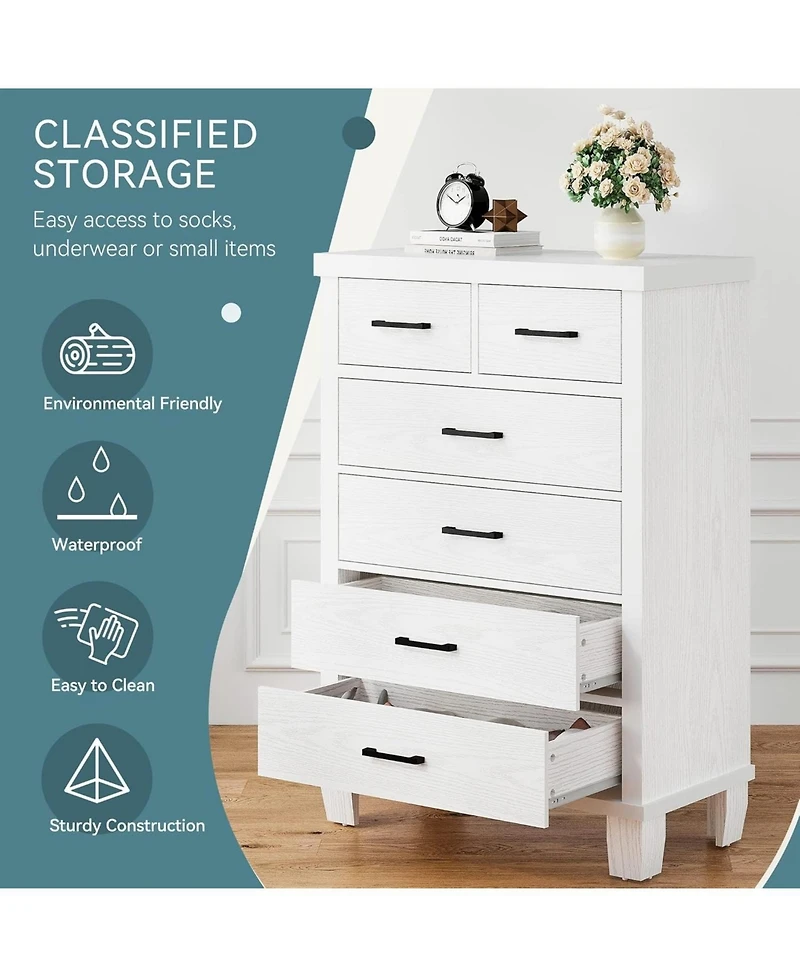 gaomon Dresser for Bedroom with 6 Drawers, 45'' Tall White Chests of Drawers Storage, Wooden Closet, Bedroom, Living Room