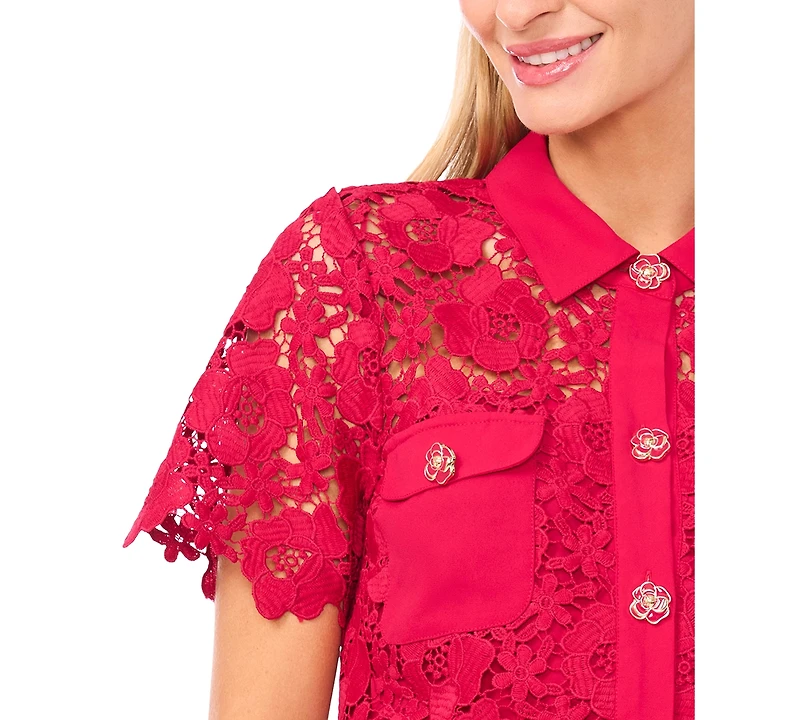 CeCe Women's Collared Neck Short-Sleeve Top