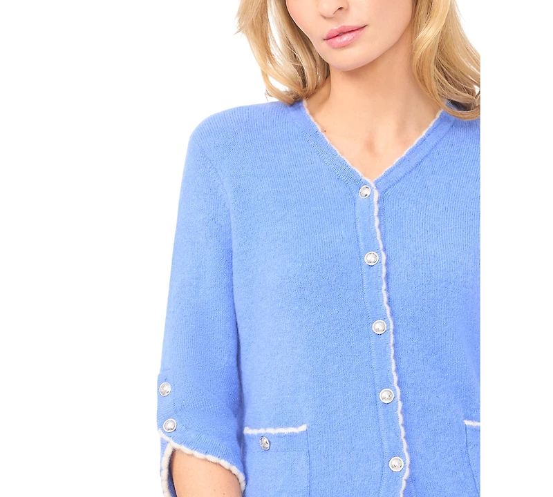 CeCe Women's Contrast Scallop Trim V-Neck Cardigan